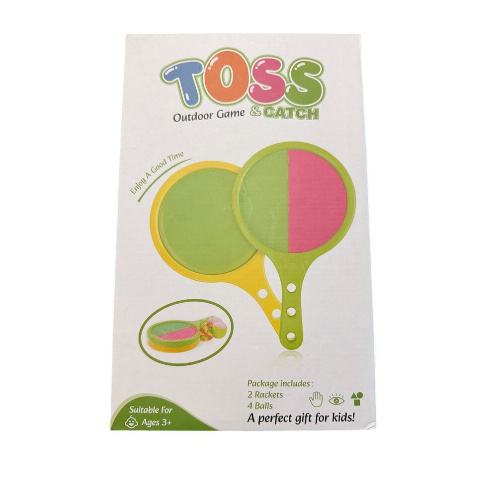 Toss and Catch Game for Kids - 2 Paddles &4 Balls Set - Green & Yellow - New